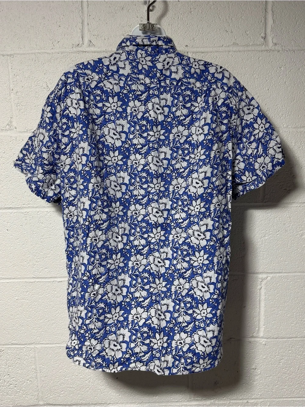 J.CrewSlim Linen Blend Button Down Camp Shirt Blue White Floral Short Sleeve